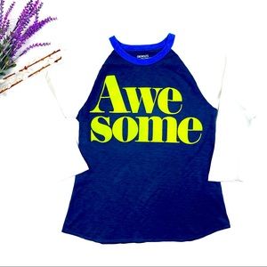 Crew Cuts: Cobalt Blue and White Raglan, Neon “Awesome” long sleeve shir…